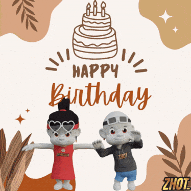 a birthday card with two cartoon characters and a cake that says happy birthday