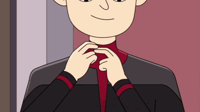 a cartoon of a man in a black suit adjusting his tie
