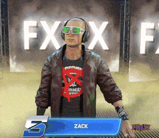 a man wearing headphones stands in front of a sign that says fxx