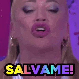 a woman with a surprised look on her face and the words salvame written above her head