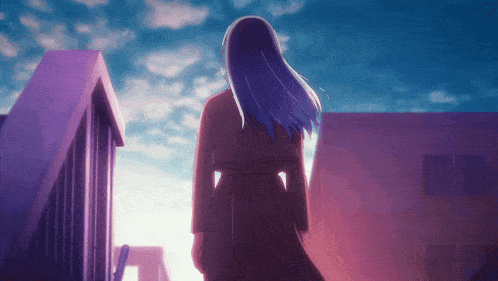 a woman with long blue hair is standing in front of a purple building