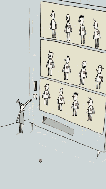 a cartoon drawing of a vending machine with hearts on their chests
