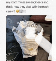 a person is holding a trash bag full of bottles and cans ..