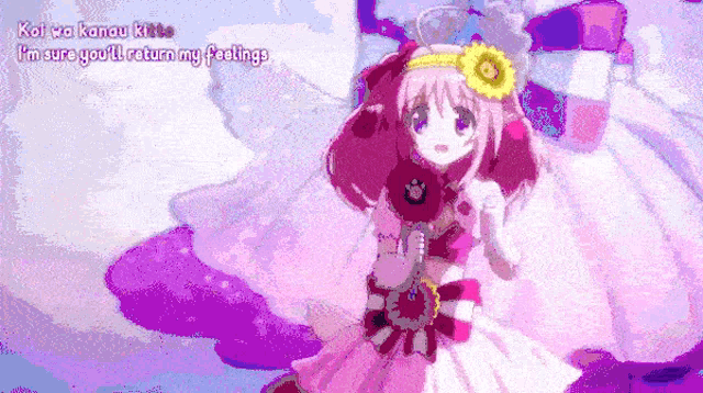 a girl in a pink dress with a flower on her head says koi wa kanau ki to i 'm sure you 'll
