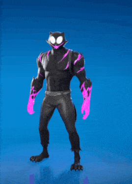 a cartoon character with a cat 's face and glowing eyes is standing on a blue background