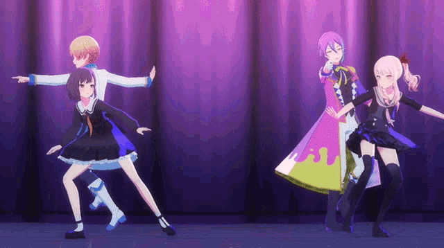 a group of anime characters are dancing on a stage in front of a purple curtain