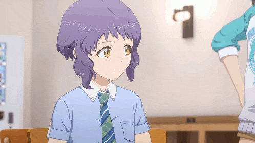a girl with purple hair is wearing a blue shirt and a tie