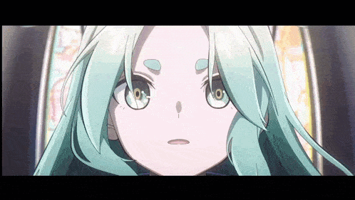 a close up of a anime girl with green hair