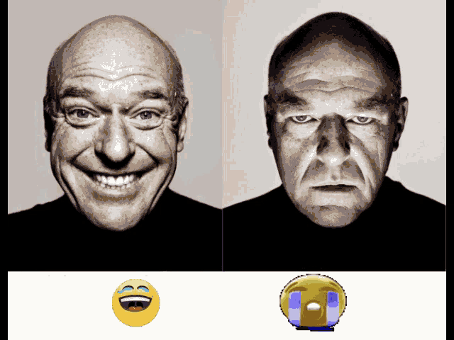 a man 's face is shown with a smiley face and a sad face