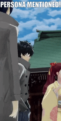 a person mentioned in a video game is standing next to a woman in a yellow kimono