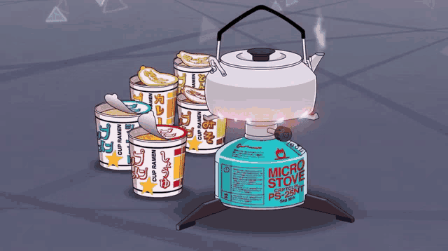 a cartoon drawing of cup ramen and a micro stove