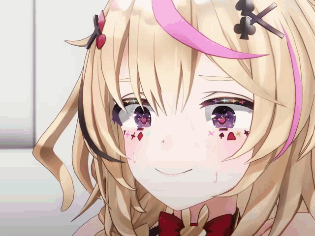 a close up of a blonde anime girl with a pink stripe on her hair