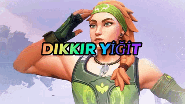a video game character is saluting with the words dikkir yigit written above her