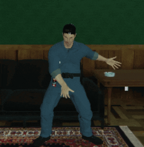 a man in a blue jumpsuit is standing in a room with a rug