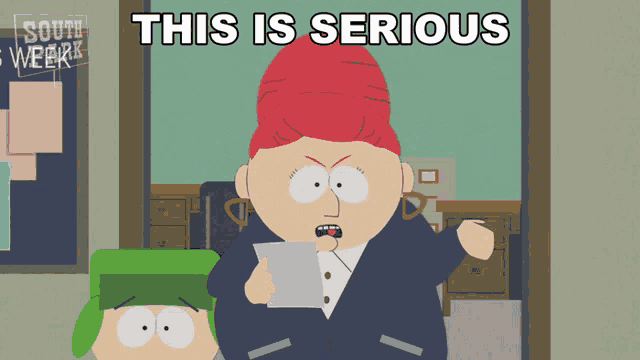 a south park cartoon shows a woman holding a piece of paper and the words this is serious