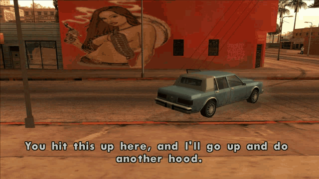 a car is parked on the side of the road with the words you hit this up here