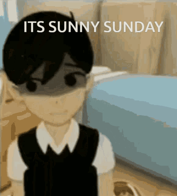 a cartoon of a boy with the words " its sunny sunday " on the bottom