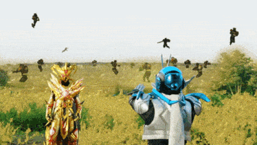 a robot with a blue helmet is standing in a field surrounded by other robots