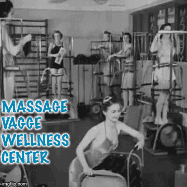 a black and white photo of women in a gym with massage vagge wellness center written in blue