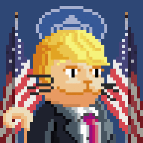 a pixel art drawing of donald trump with an american flag behind him