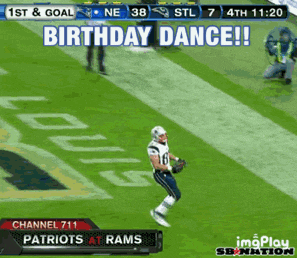 a football player jumps in the air with the words birthday dance on the screen