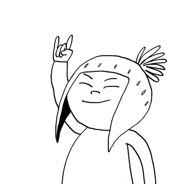 a black and white drawing of a person wearing a strawberry hat and making a horn sign .
