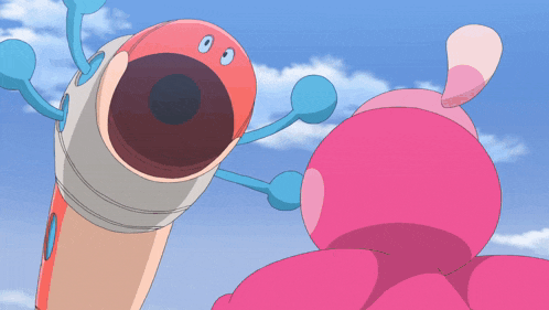 a cartoon character with its mouth open and a pink cartoon character with its mouth open