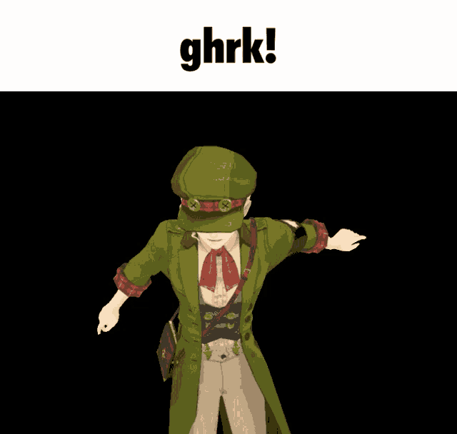 a man in a green coat and hat is dancing with the words ghrk below him