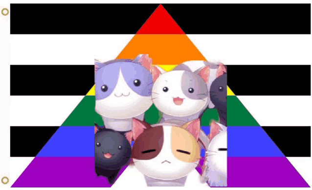 a group of cats are standing next to each other in front of a rainbow colored triangle .