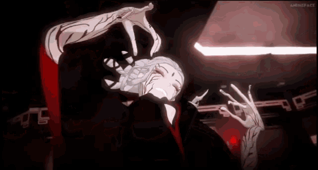 a cartoon character is dancing in a dark room with a red light behind her .