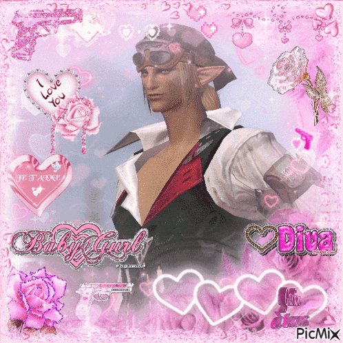 a picture of a man surrounded by pink hearts and the word baby girl