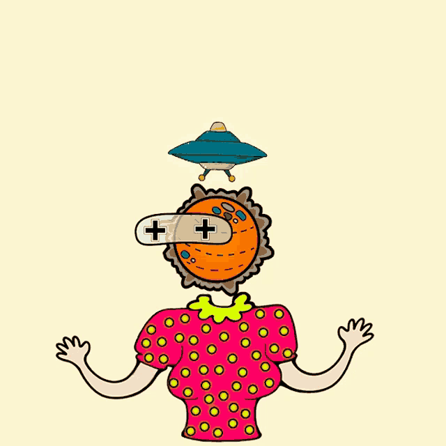 a cartoon drawing of a person with a dead head and a flying saucer above it