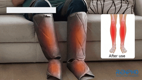 a person sitting on a couch wearing a pair of leg warmers with a picture of their legs and the words after use