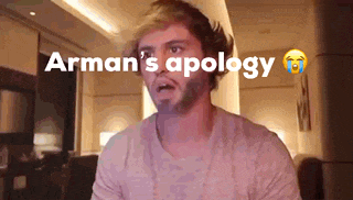 a man with a beard is making a funny face with the words arman 's apology written above him .