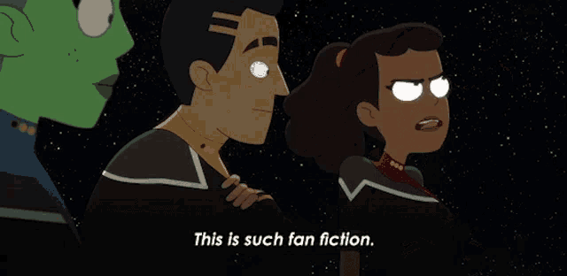 a cartoon of a man and a woman with the words this is such fan fiction