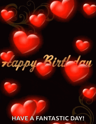 a happy birthday card with red hearts on it