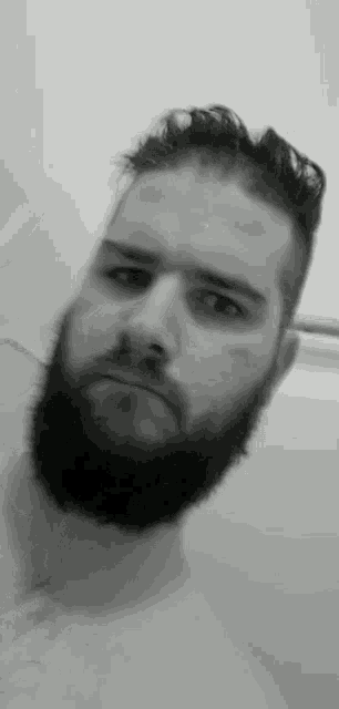 a shirtless man with a beard is taking a selfie in a bathroom .