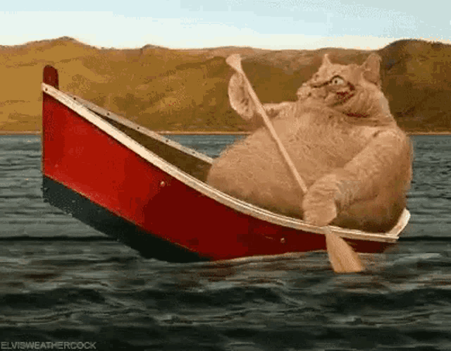 a cat is rowing a boat on a lake with mountains in the background .
