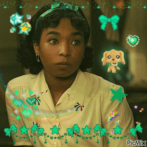 a woman in a white shirt is surrounded by green stars and a little brown dog