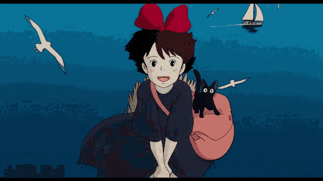 a girl is riding a broom with a cat on her back