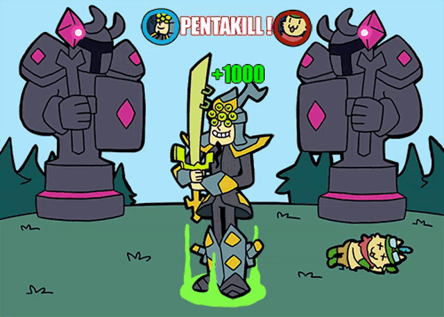a cartoon of a knight with a sword and the words pentakill on the top