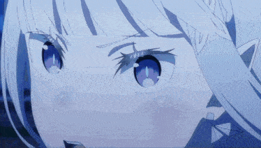 a close up of a girl with purple eyes