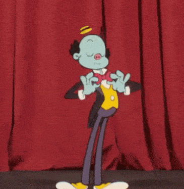 a cartoon character in a tuxedo and bow tie is dancing in front of a red curtain