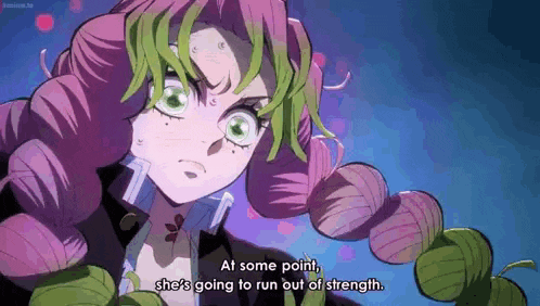 a girl with pink hair and green leaves is saying at some point she 's going to run out of strength