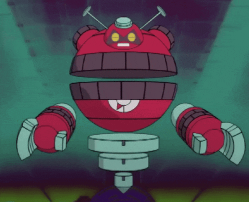 a cartoon drawing of a red robot with a smiley face