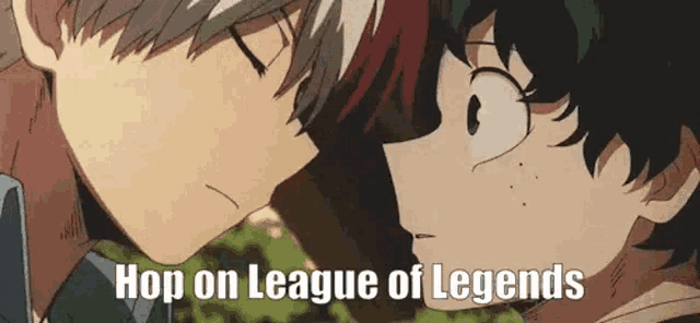 a couple of anime characters are kissing each other with the words `` hop on league of legends '' written on the bottom .