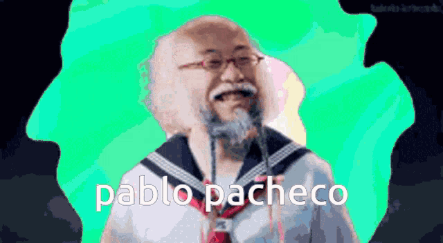 a man with a beard and glasses is wearing a sailor suit and the name pablo pacheco is on the bottom
