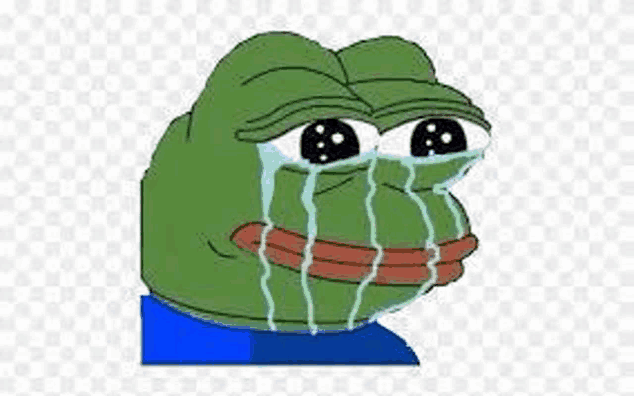a green frog is crying with tears coming out of its eyes .