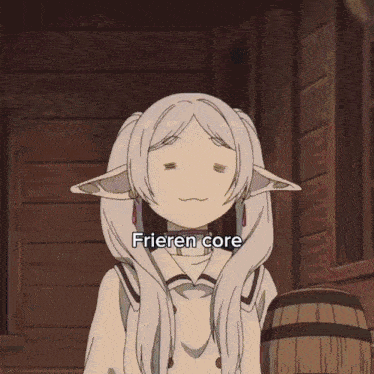 a cartoon of a girl with white hair and the words frieren core on the bottom