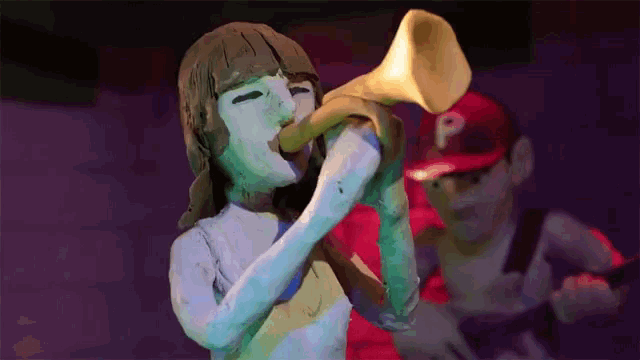 a painting of a person playing a trumpet with a man in a red hat with the letter p on it